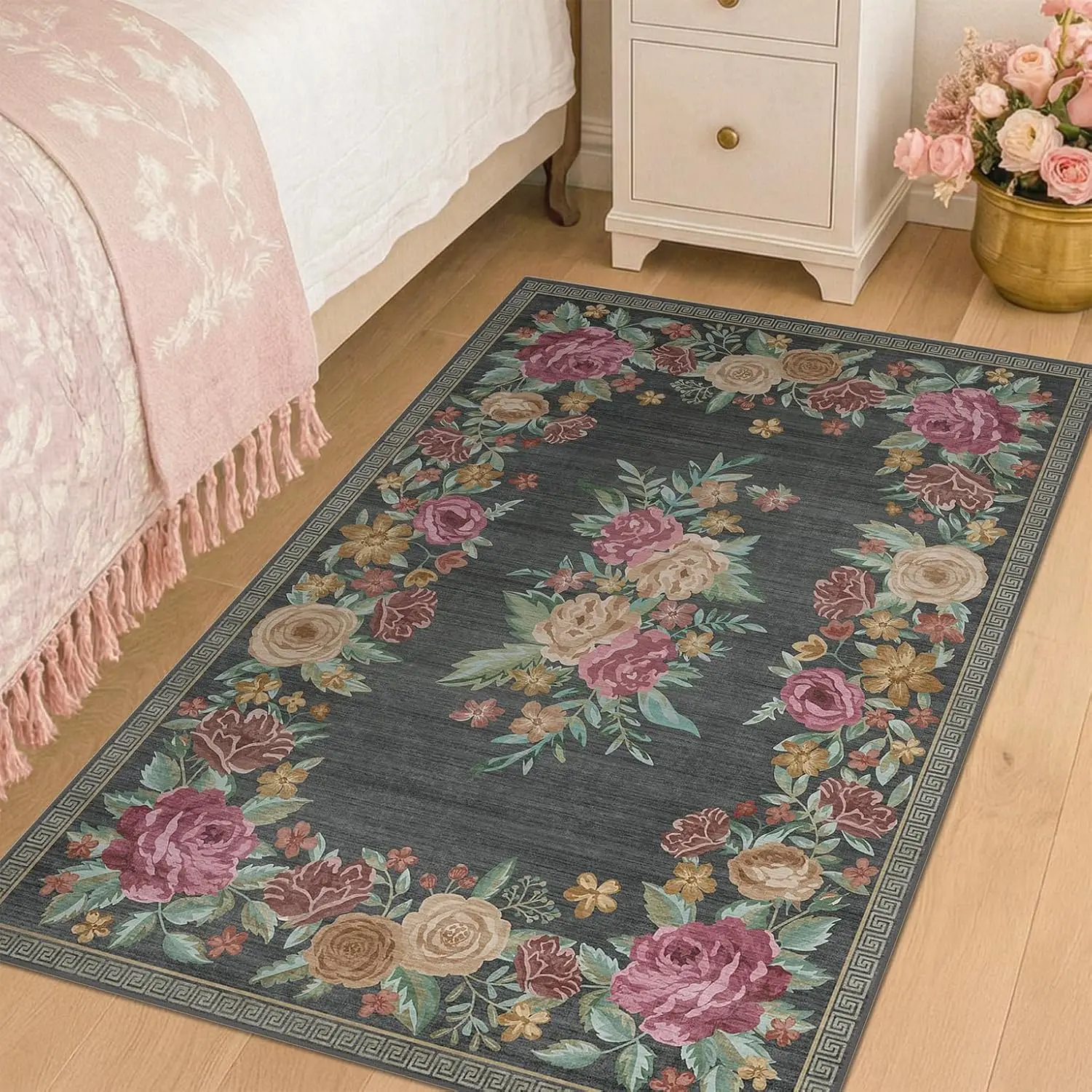 Bohemian Floral Runner Rug Dark Grey Non-Slip Washable Floor Mat with Colorful Rose Pattern for Entryway Hallway Kitchen Home