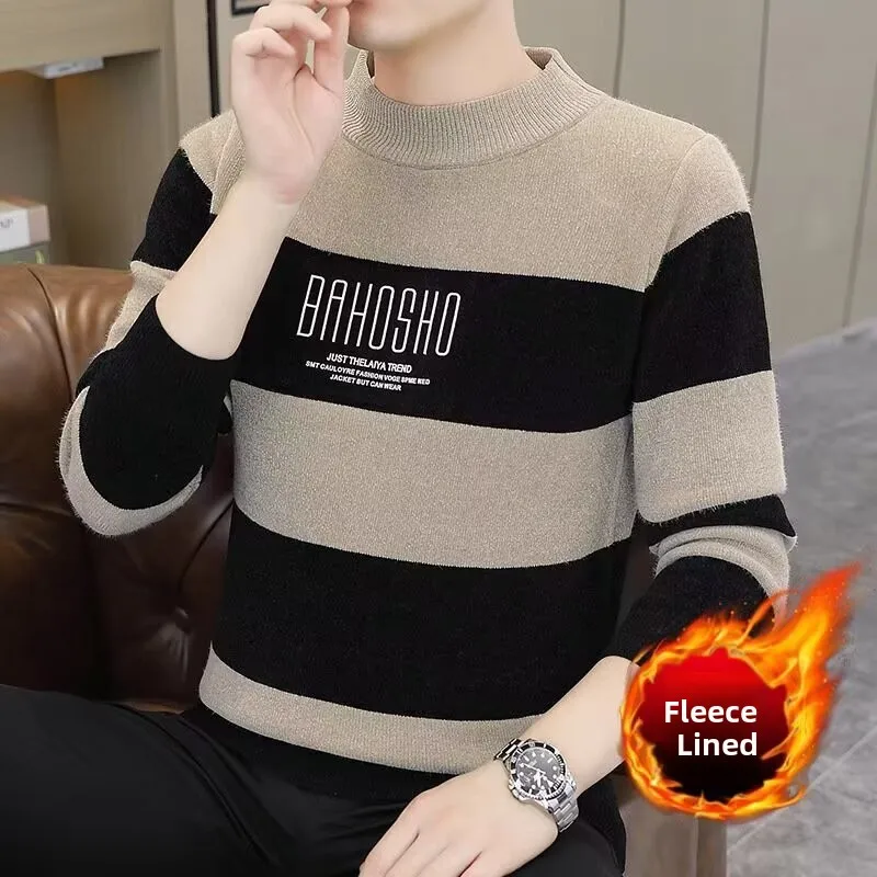 

Мужской вязаный свитер Thiened Fce на подкладке, зимний теплый базовый слой в полоску, повседневный длинный топ из полиэфирного волокна