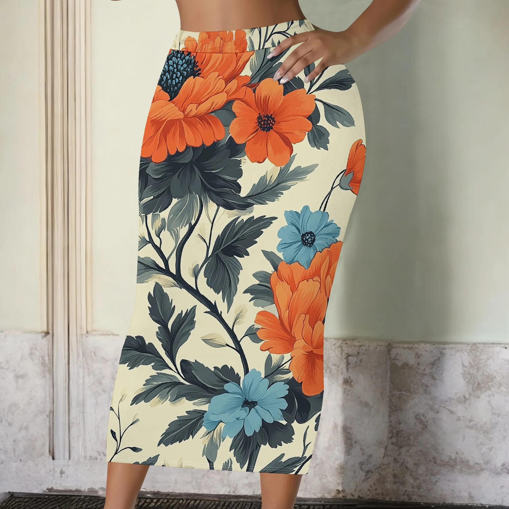 Floral Pencil Skirt, Orange Blue Print Midi Skirt, High Waist Bodycon Skirt, Elegant Office Wear, S-2XL