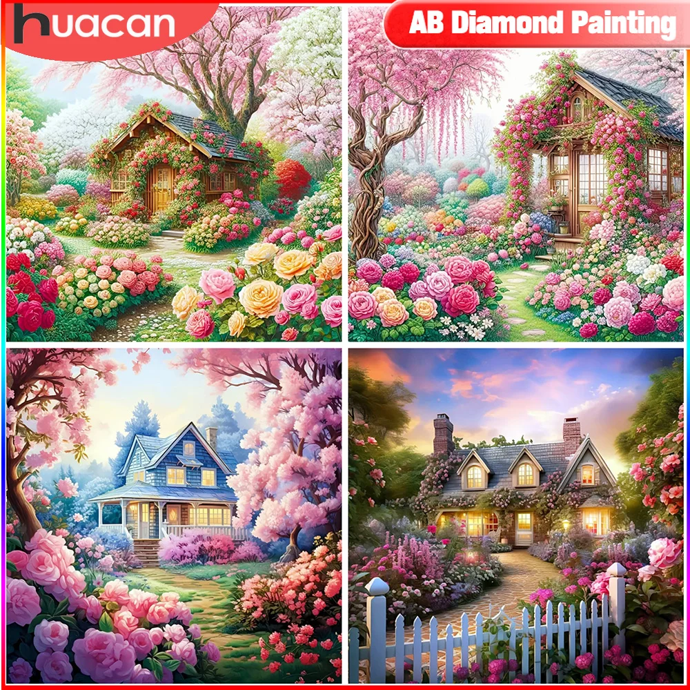 HUACAN Diamond Embroidery House Picture Rhinestones Landscape Mosaic New Arrival Flower Painting Cross Stitch Handicraft