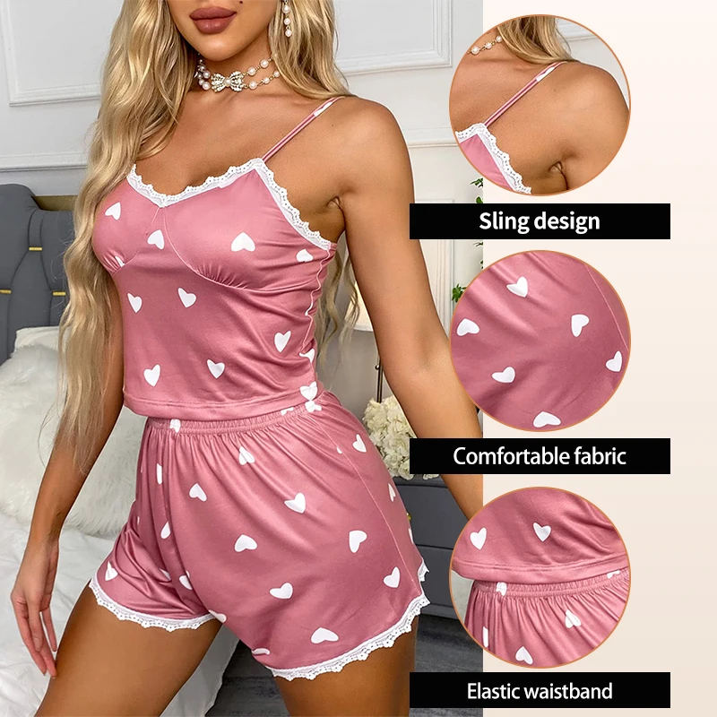 Summer Women\'s Casual Home Heart-Shaped Printed Lace Trimmed Pajama Set Women\'s Camisole Vest and Shorts Sexy Pajamas