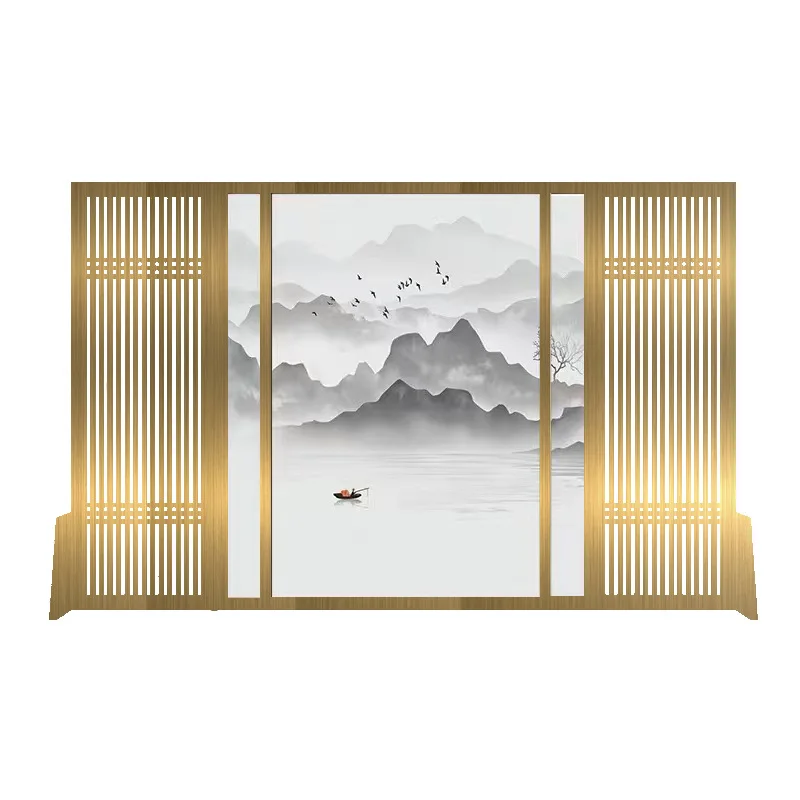 Modern Chinese stainless steel screen partition wall outdoor villa hotel lobby office entrance decorative wood