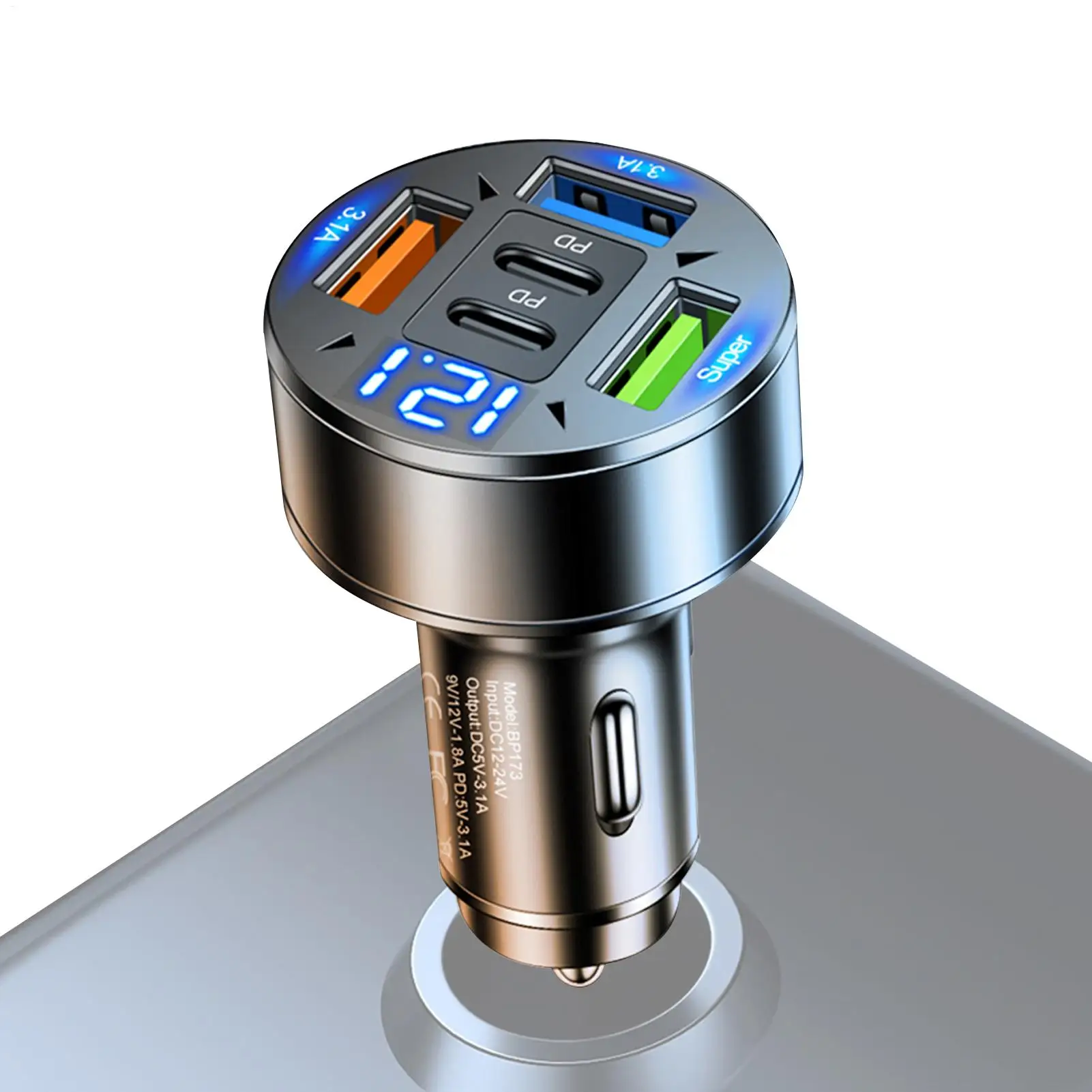 

Автомобильное зарядное устройство с цифровым дисплеем, USB Type-C, многопортовый адаптер для быстрой зарядки, разъем для мобильного телефона