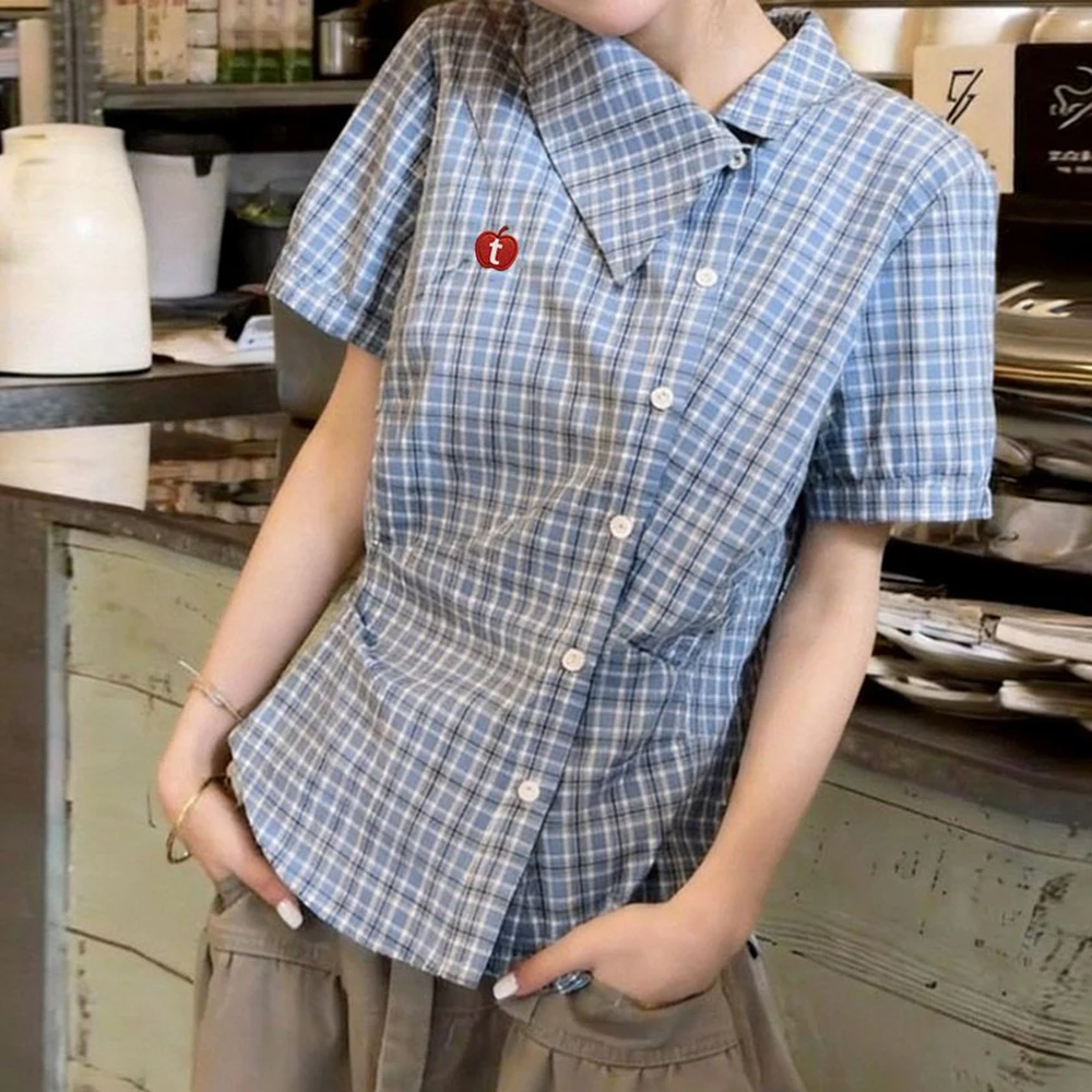 Summer super good-looking slim-fitting and thin plaid short-sleeved shirt women's 2026 new beautiful shirt foreign-style top