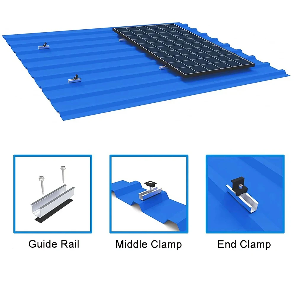 12pcs Solar Panel Bracket Aluminum PV Rail Fastening Module Trapezoidal Roof Mount Solar Rail  End And And Middle Clamps