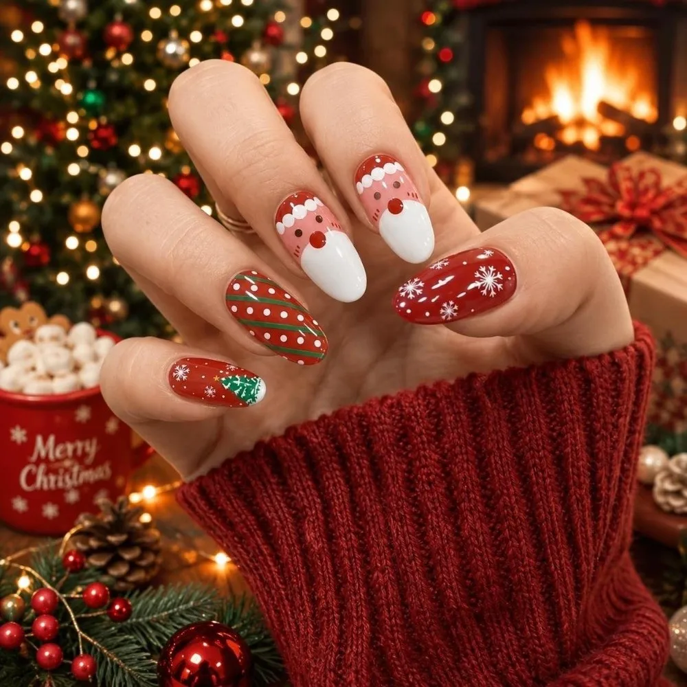 Nail Art Christmas Nail Sticker DIY Oval Press-On Manicure Stickers UV Semi-cured Self Adhesive Santa Claus Nail Sticker