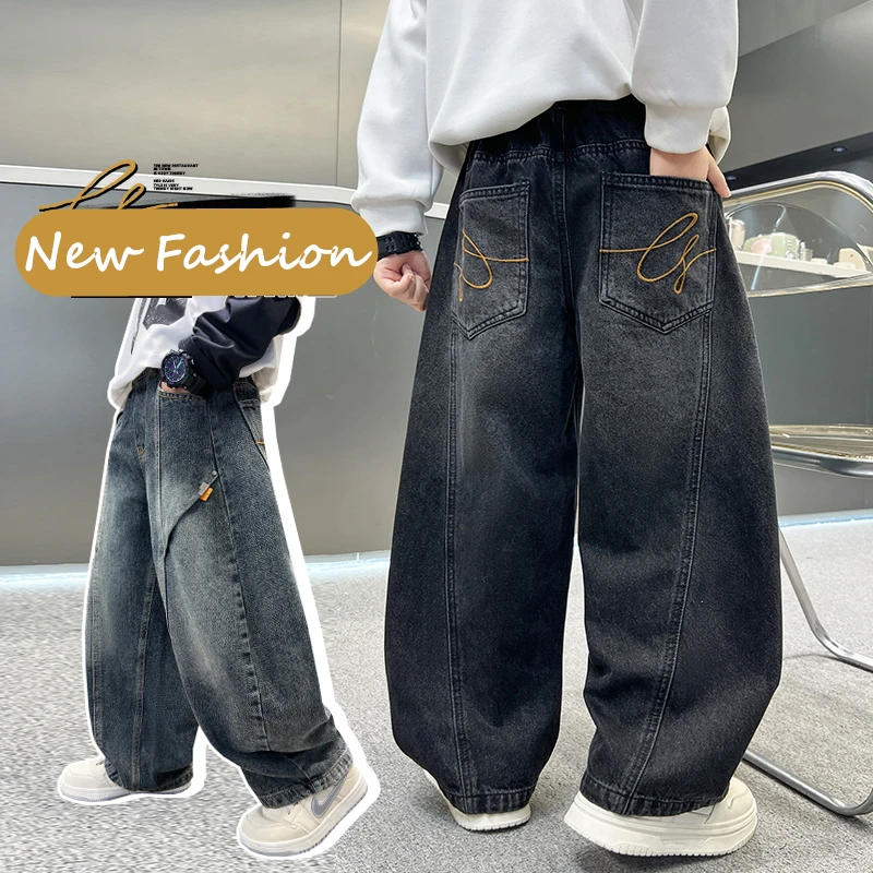 

High Quality Kids Boys Loose Casual Curved Baggy Jeans with Pocket Embroidery Korean Children Heavy Work Distressed Denim Pants