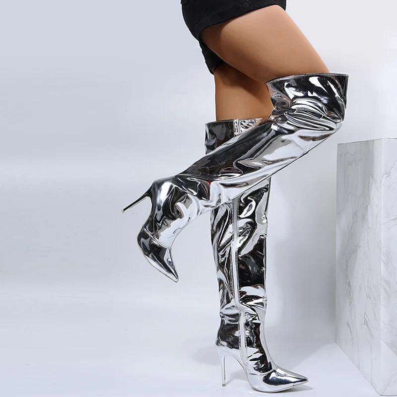 Women Boots Mirror Platform Pointy Toe Punk High Thin Heels Over The Knee Long Boots Autumn Winter Zip Silver Party Shoes