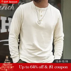 Maden Long-sleeved Henley Shirt for Men Three-button Classic Design Round Collar Beige Basic T-shirts Male Autumn Thin Tees