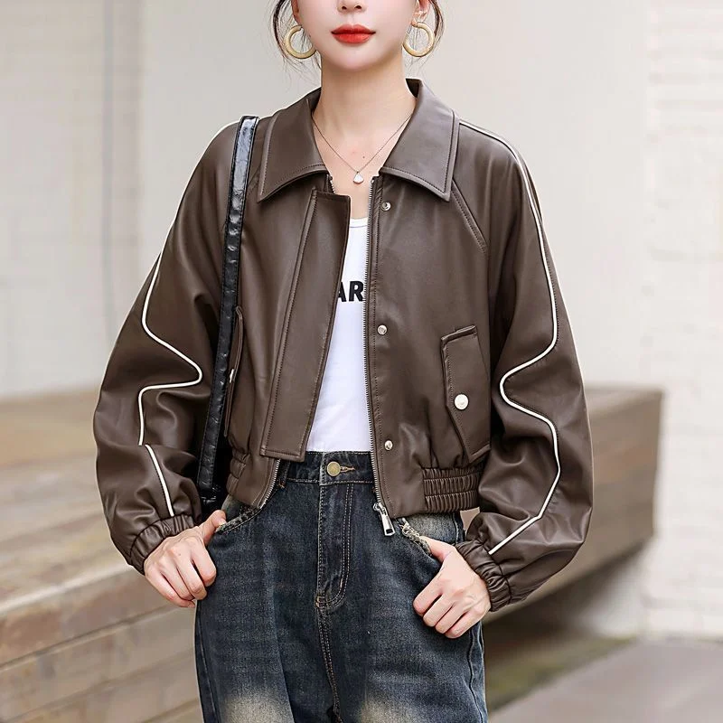 Herbst neue Pu Ledermantel Kurz mantel Frauen Mode Spleiß Western Mini Motorrad tragen Jacke Top Reiß verschluss lose weibliche Mantel