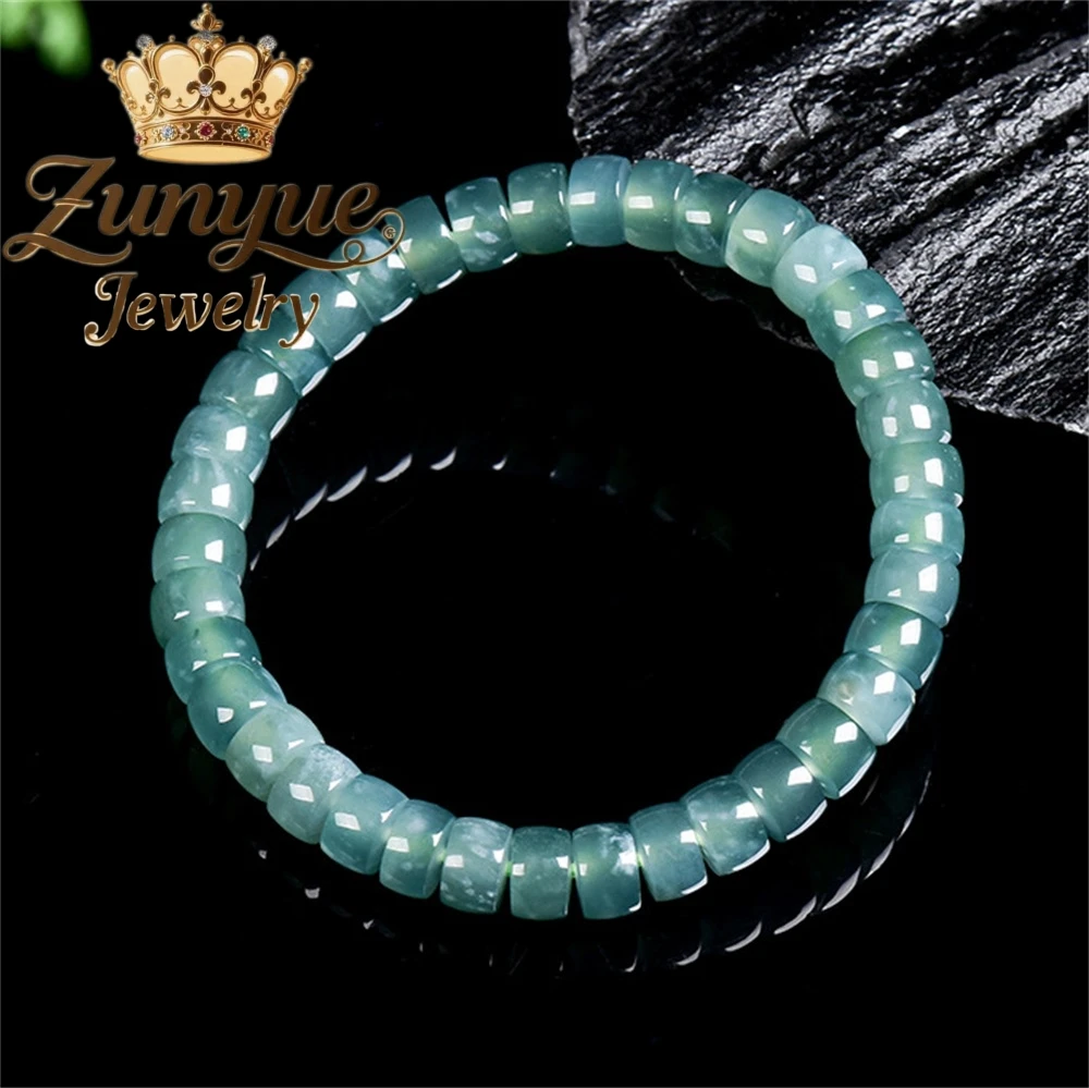 

Natural A-Grade Jade Blue Water Old-Style Simple Bucket Bead Bracelet Ice-Type Jadeite Bead Bracelet For Men And Women