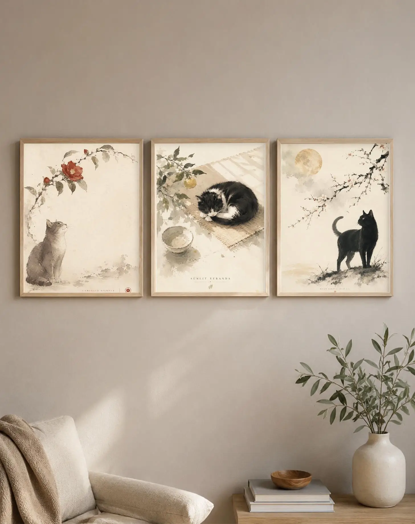 3PCS Large-sized frameless canvas paintings,3Pcs Oriental Ink Cat Wall Art, Japandi Wabi Sabi Floral Moon Tea Bowl Canvas Prints