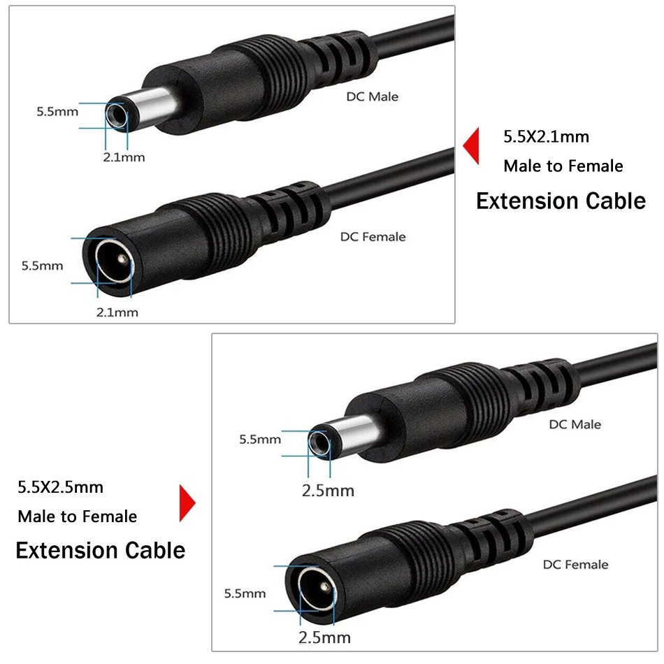 14AWG-enchufe de alimentación de 2 pines, 5,5x2,5mm/5,5x2,1mm, Cable macho y hembra de CC, adaptador de conector de 30cm para tira de luz LED