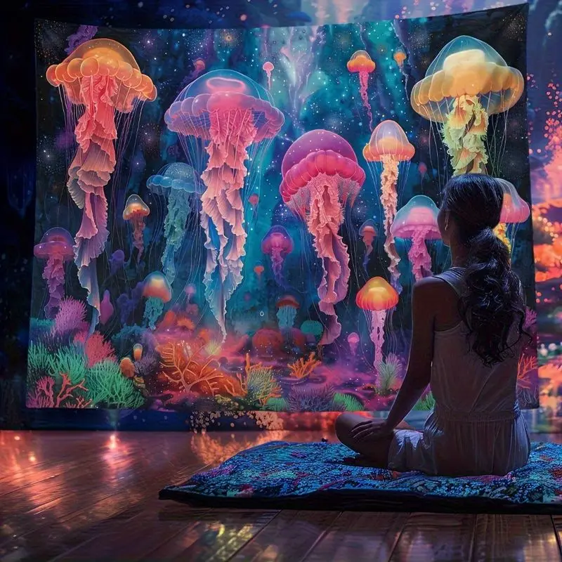 VIKAMA Fantasy Jellyfish Wall Hanging Glowing Ocean Art For Dorm Living Room Dreamy Colorful Aesthetic Background Home Decor
