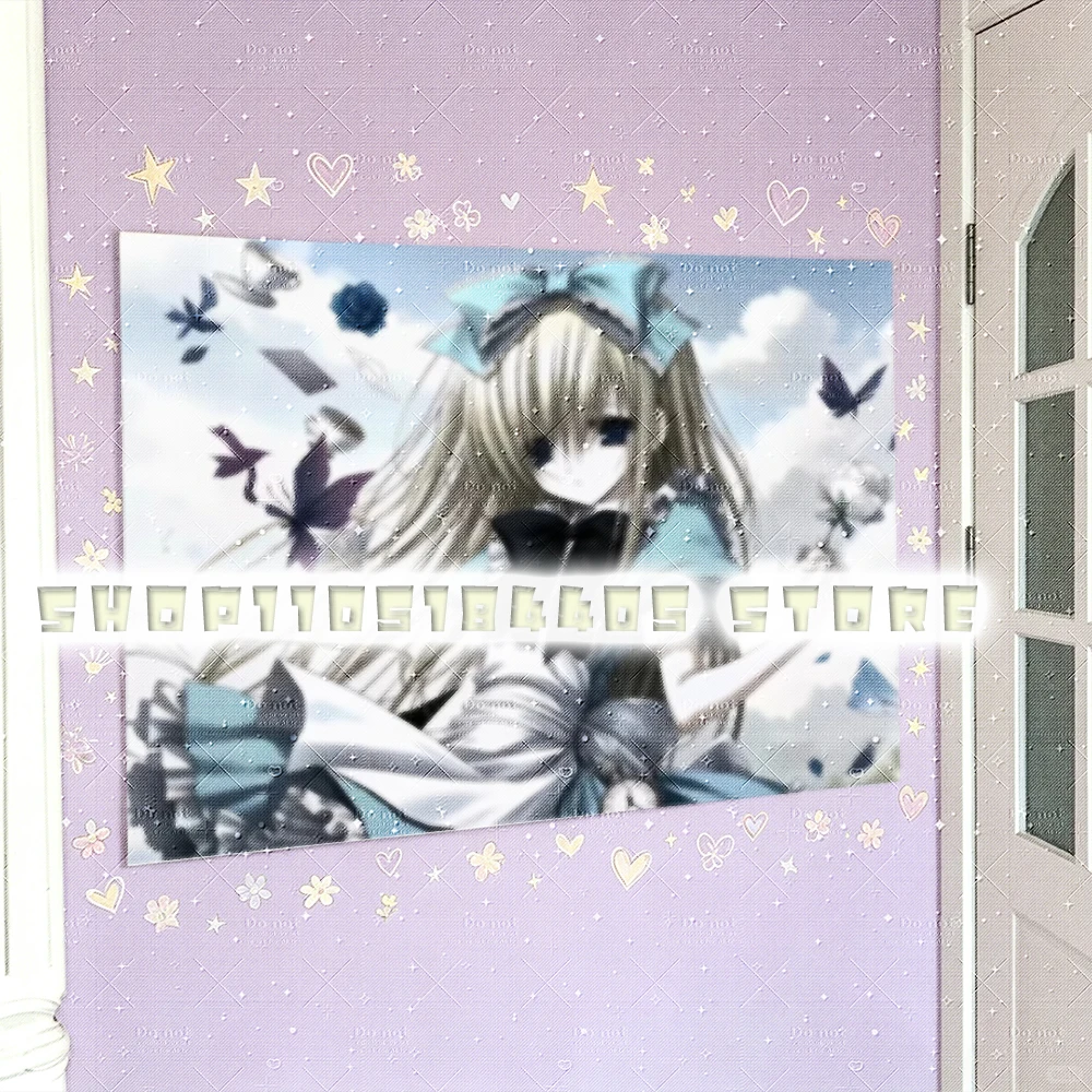 Teacup Fairy Tapestry, Muted Cool Sky Tone Shoujo Anime Girl in Blue White Alice Lolita Outfit, Large Light Blue Hair Bow & Blac