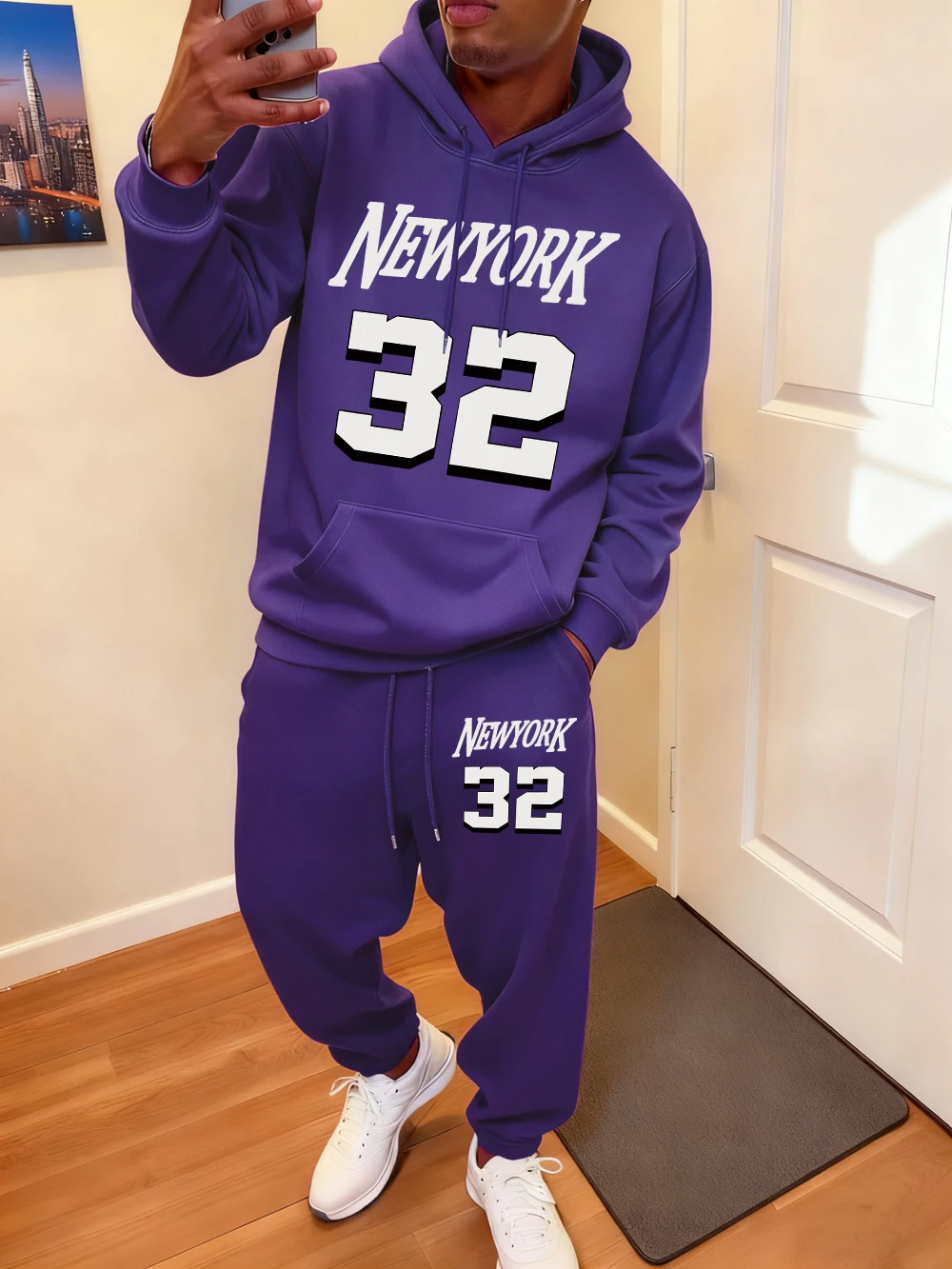 2 قطعة هوديس مجموعة الرجال نيويورك 32 إلكتروني الطباعة Sweatpants الخريف الصوف جيب بنطال رياضي البلوز ملابس فضفاضة غير رسمية