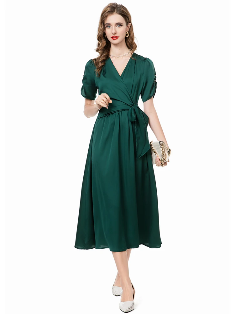 DLDENGHAN Vintage jurk met veters voor dames V-hals met korte mouwen Effen kleur Feestjurken Mode Zomer Dames