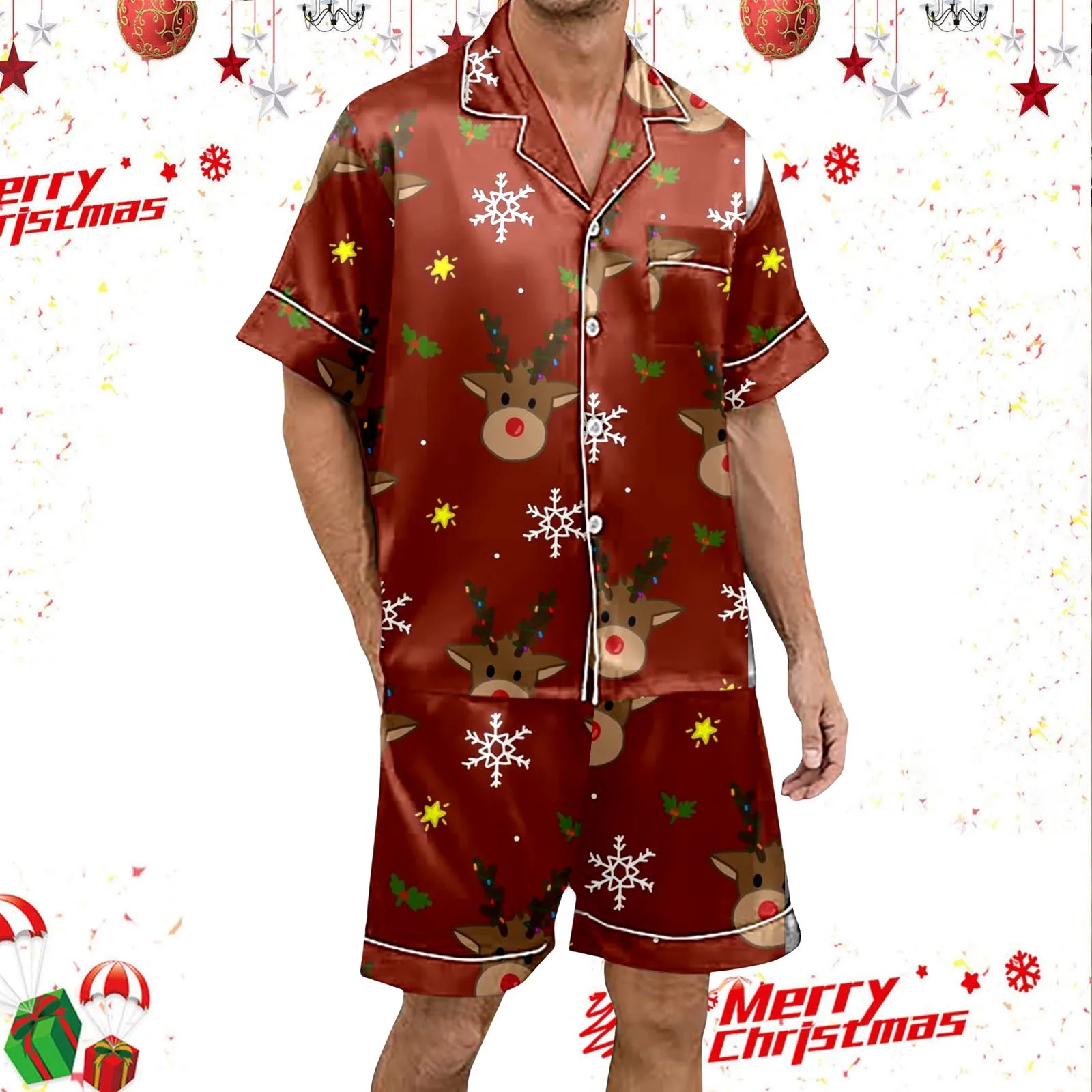 Men Pajama Sets Casual Home Clothes Christmas Pajamas Set Women 2-Piece Silk Satin Short-Sleeved Shirt And Shorts Sleepwear