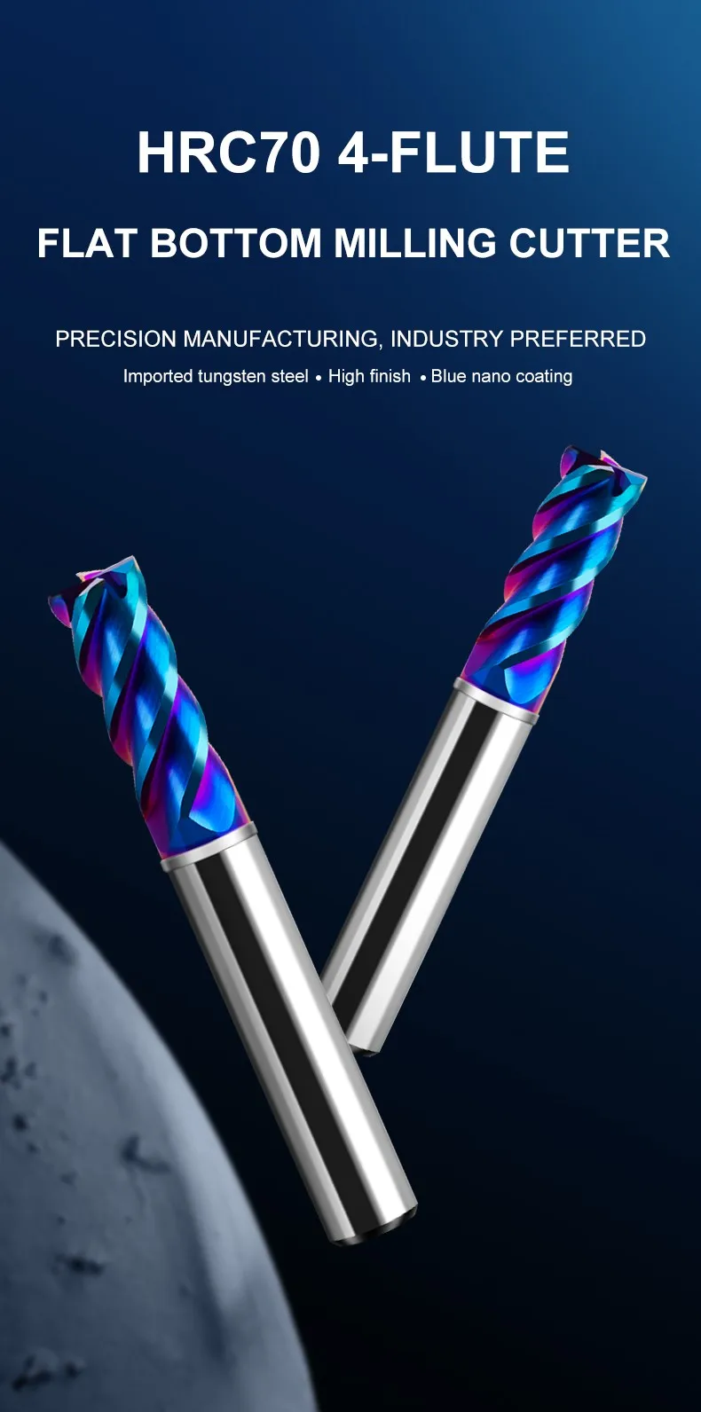 AZZKOR TGA-HRC75 4-Schneiden-Flachfräser mit blauer Nano-Beschichtung, Hartmetall-CNC-Mechanikzentrum-Endfräswerkzeug – Detail 1