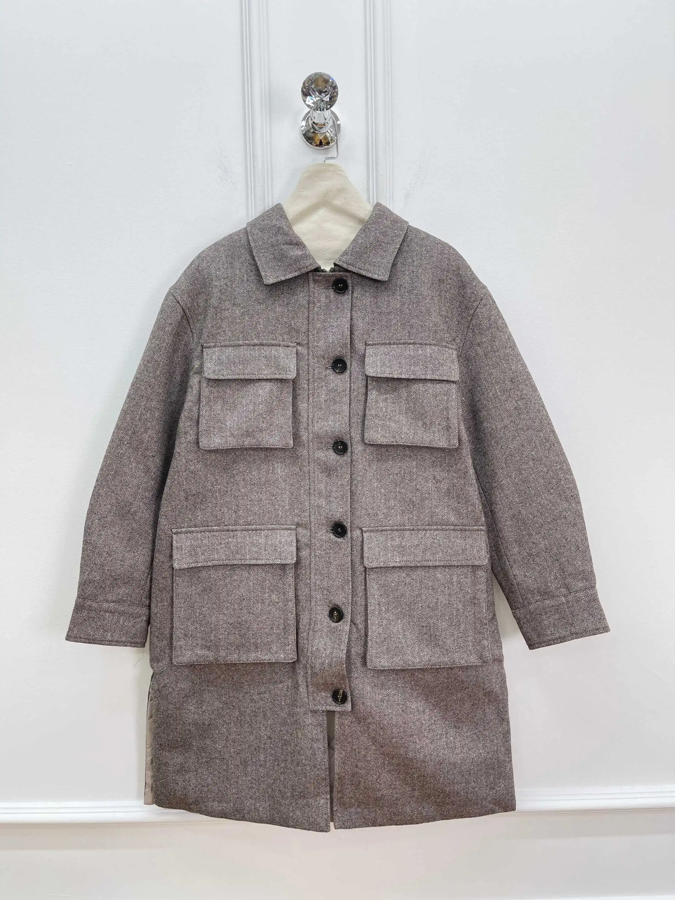 معطف صوف متعدد الجيوب من مزيج الصوف، سترة كاجوال فضفاضة مبطنة بالقطن، معطف متوسط الطول، دافئ