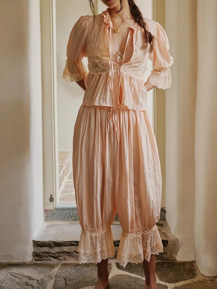 Conjuntos de pantalones bombachos de encaje Vintage Y2k para mujer, picardías de encaje de 2 piezas, camiseta sin mangas, bombachos largos, pantalones cortos, trajes, conjuntos a juego
