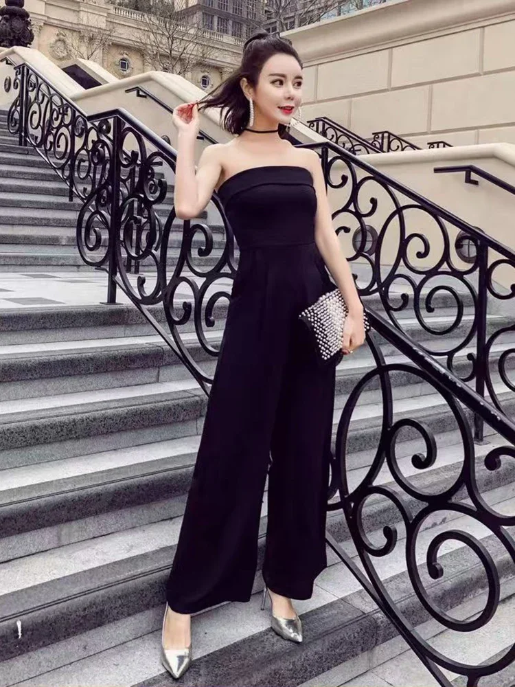 

Office Lady Black Strapless Jumpsuit Women Spring High Waist Sleeveless Jumpsuits Femme Elegant Overalls