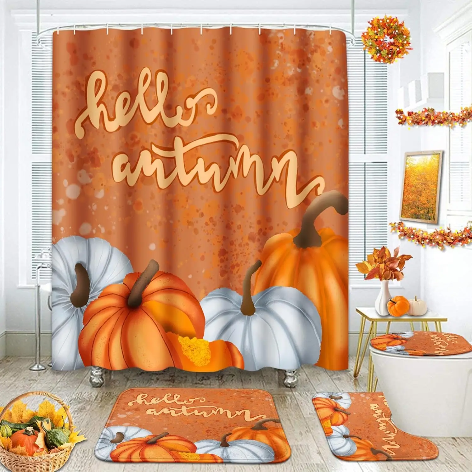 

Autumn Pumpkin Shower Curtain Set with Toilet Lid Cover and Non-Slip Rugs, Happy Orange Thanksgiving 4 Pcs Shower Curtains for