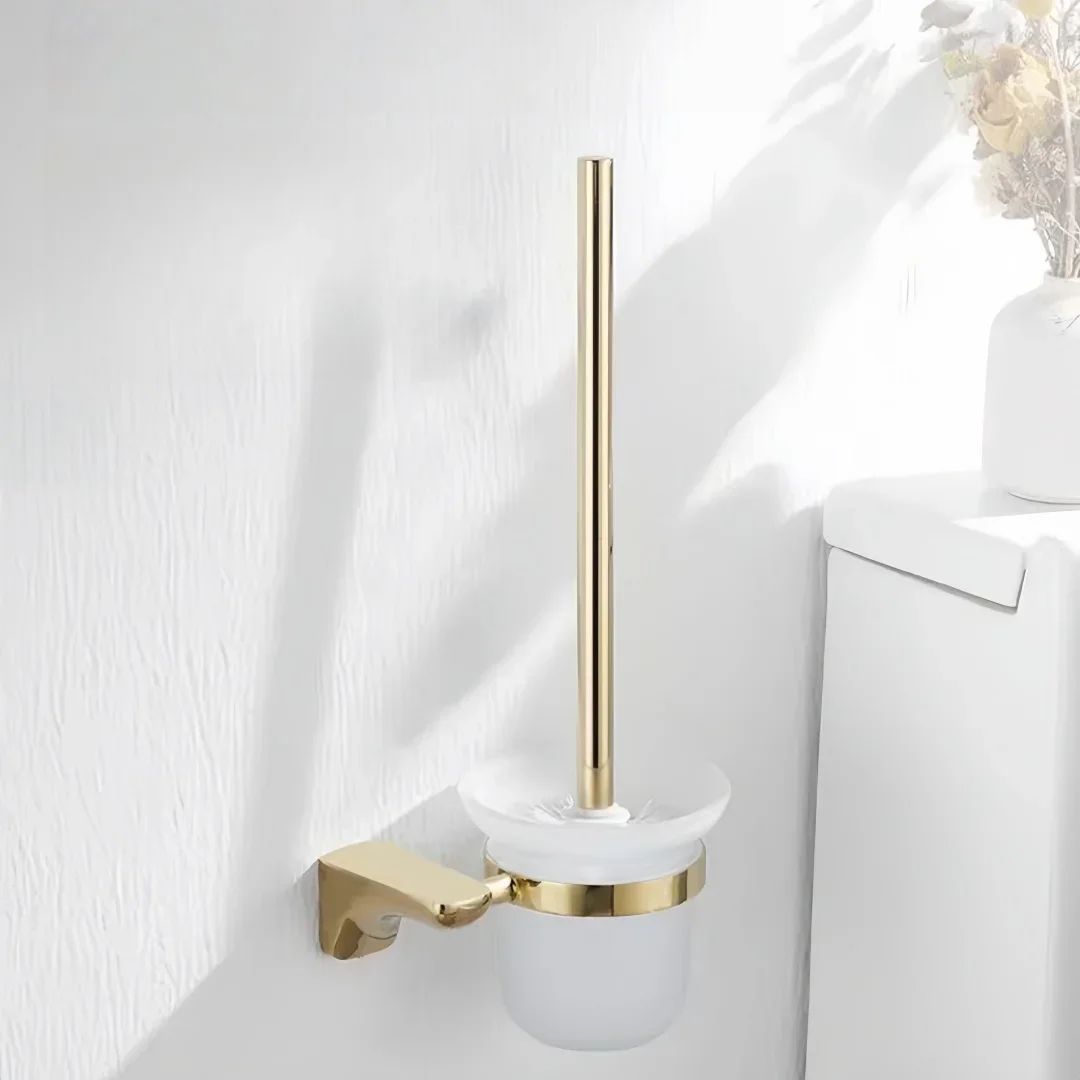 Gold Brass Toilet Brush Holder with Brush Wall Mounted Chrome Bathroom Toilet Scrub Cleaning Brush Holder Set