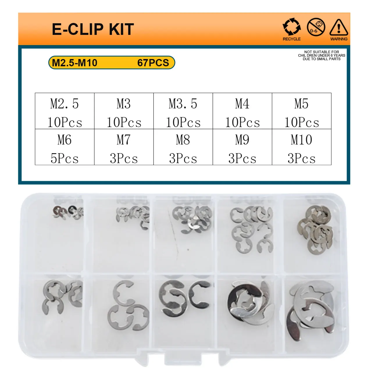 M2.5 M3.5 M4 M5 M6 M7 M8 M9 M10 304 Stainless Steel Clip Washer Circlip Assortment Kit carbon steel E-Clip Snap Locking Ring