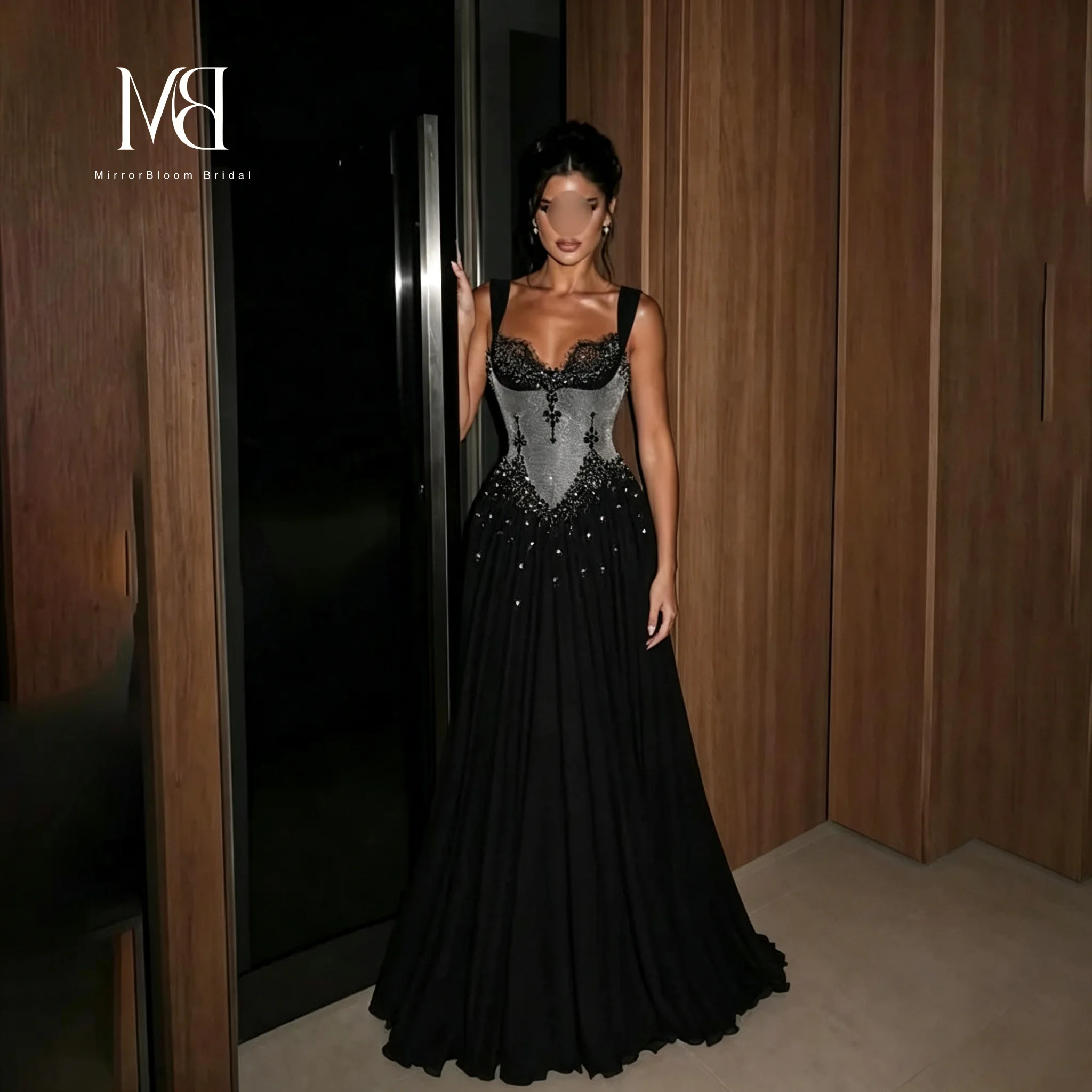 MB Black Evening Dress Sweetheart Neck Beaded Corset Pleated A Line Floor Length Formal Party Gown Women Prom Dress Customized image 3