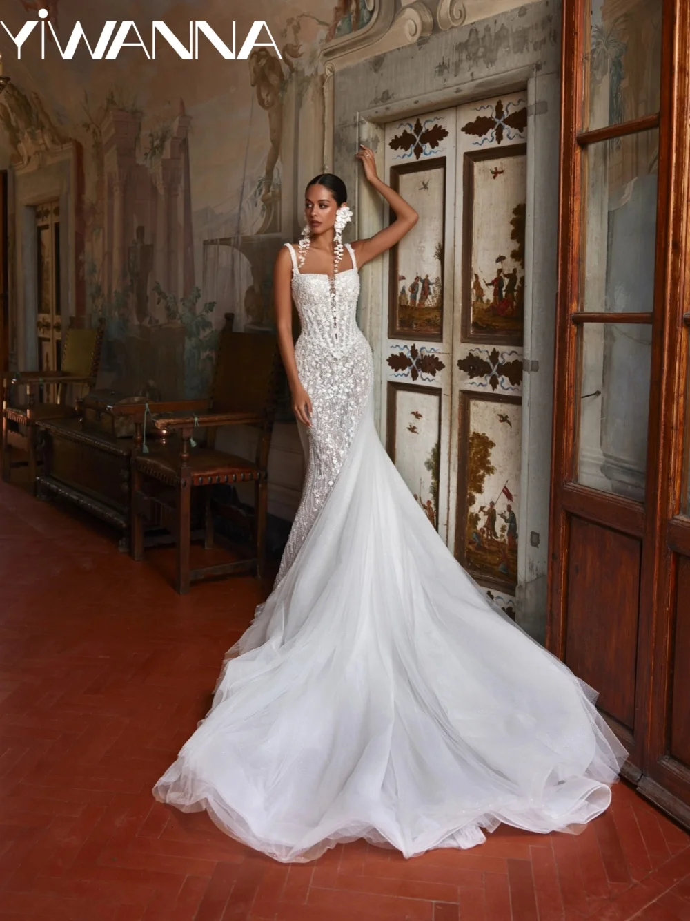 White Exquisite Beaded Wedding Dress Lace 3D Floral Mermaid Bridal Gown Customized Classic Square Neck Long Dresses For Bride