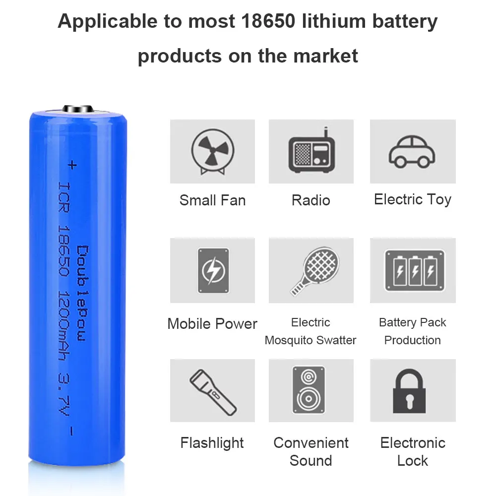 DOUBLEPOW 18650 3.7V 1200mah Pointed Battery Rechargeable Lithium Battery Li-lon Real Capacity 2/3/4/5/6/8/10 Pieces