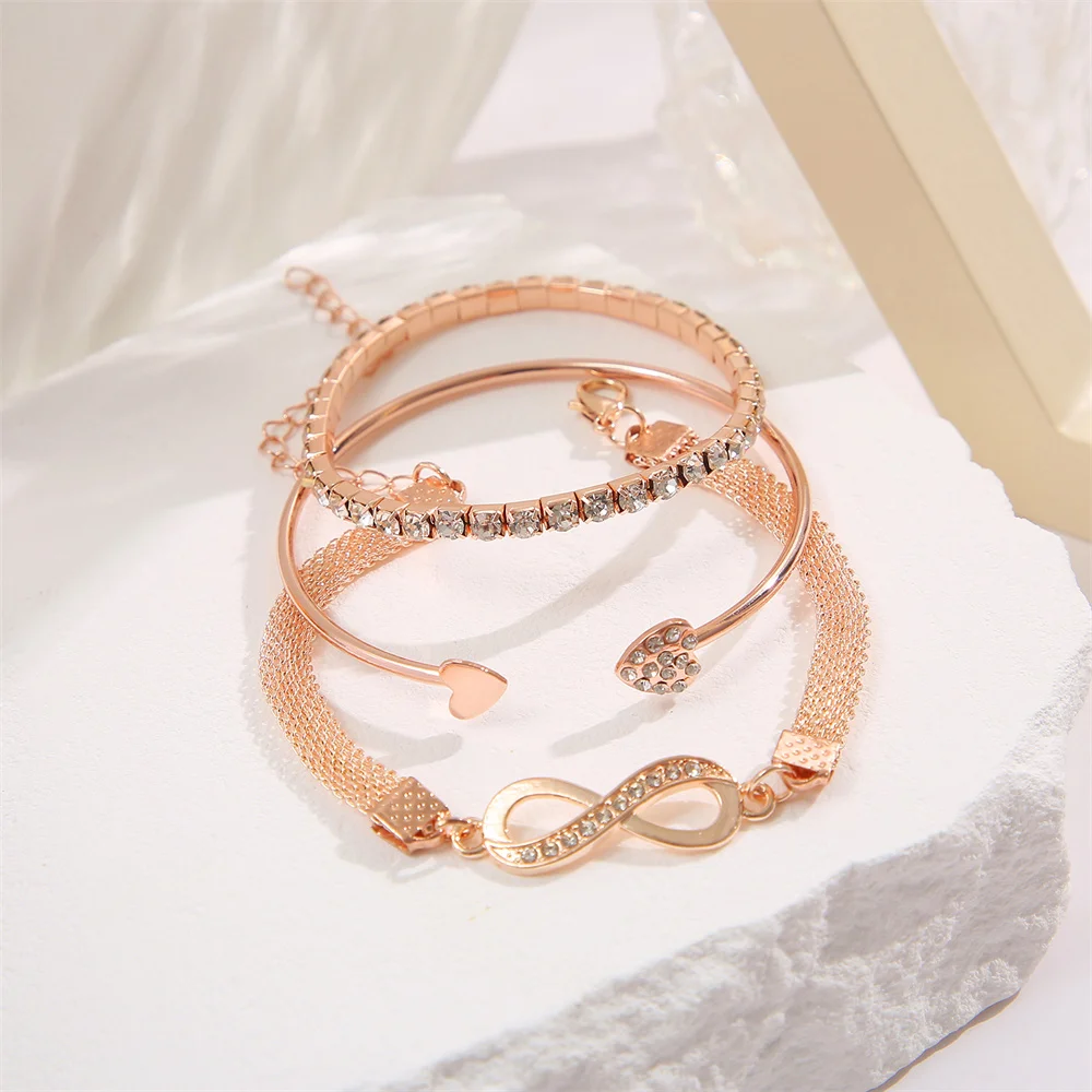 Vintage Set Silver Color Crystal Rhinestone Heart Bracelets for Women Fashion Geometric Adjustable Infinity Cuff Bangle Jewelry image 6
