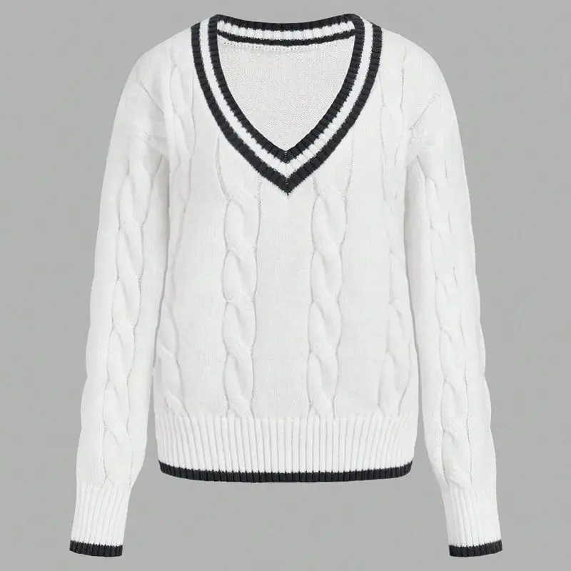 Combhasaki Women Autumn Winter Cable Knit Loose Sweaters Long Sleeve V Neck Striped Contrast Color Knitwear Preppy Jumper Top