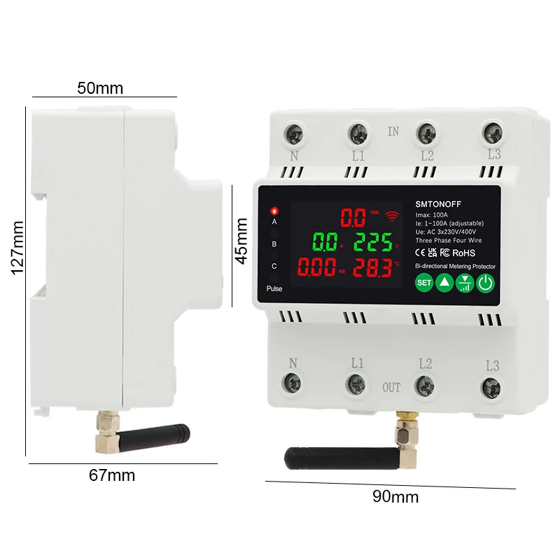 Tuya WiFi Inteligente Bi-direcional Energia Medidor de Energia, KWh Medidor, Auto-Reclosing Sobre Protetor de Tensão, 3 Phase, 4 Fios, 380V, 100A