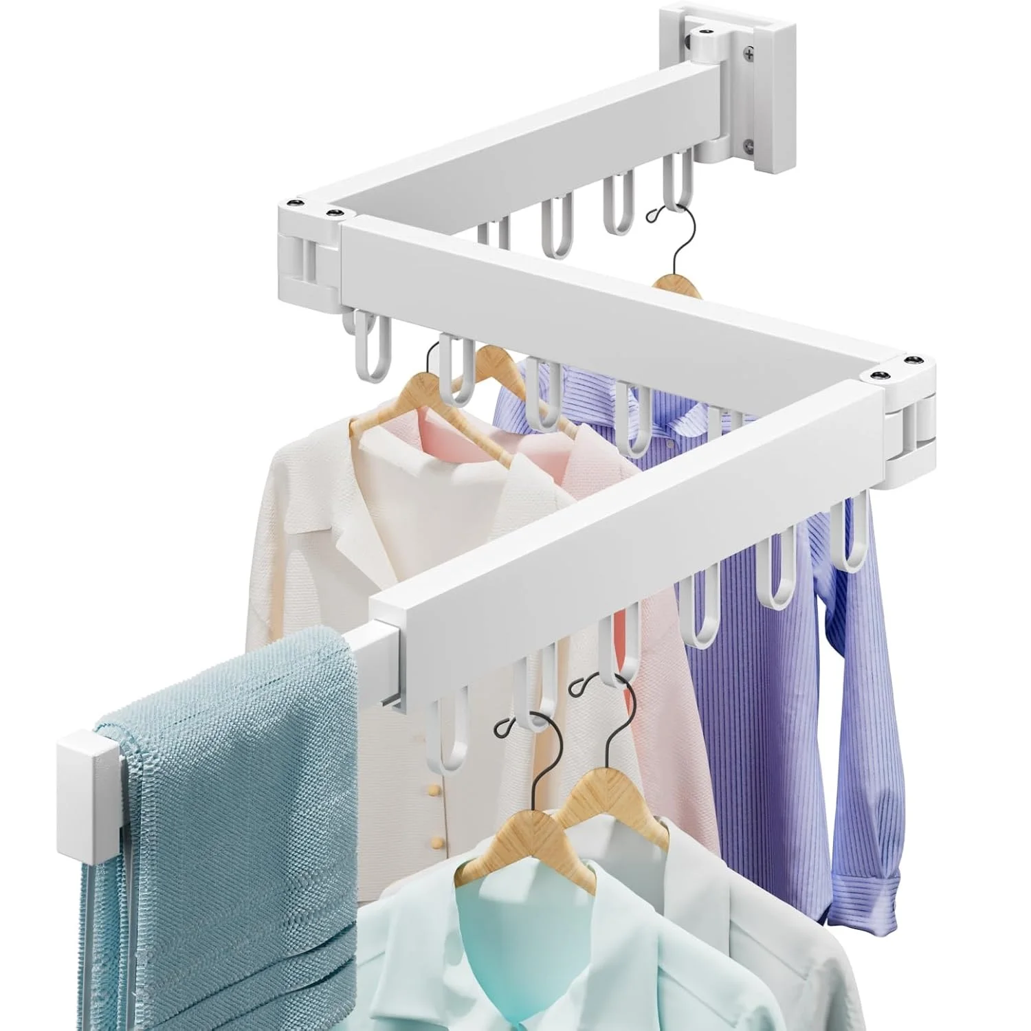 Wall-Mounted Drying Rack with 18 Hooks,folding Clothes Racks Space Saving Tri-Fold Scalable Clothes Dryer for Indoor & Outdoor