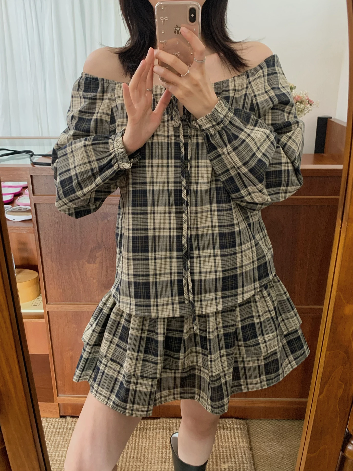

Korean Style Plaid Cotton Shirt And Puffy Skirt Set Women's Casual Spring Fashion Breathable Long Sleeve 2 Piece Set