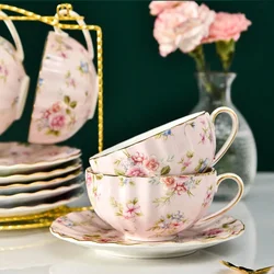Pastoral style Flowers Tea Set Ceramic Coffee Cup Suit High-Grade Bone China Golden edge Tea Cup And Saucer With A Spoon
