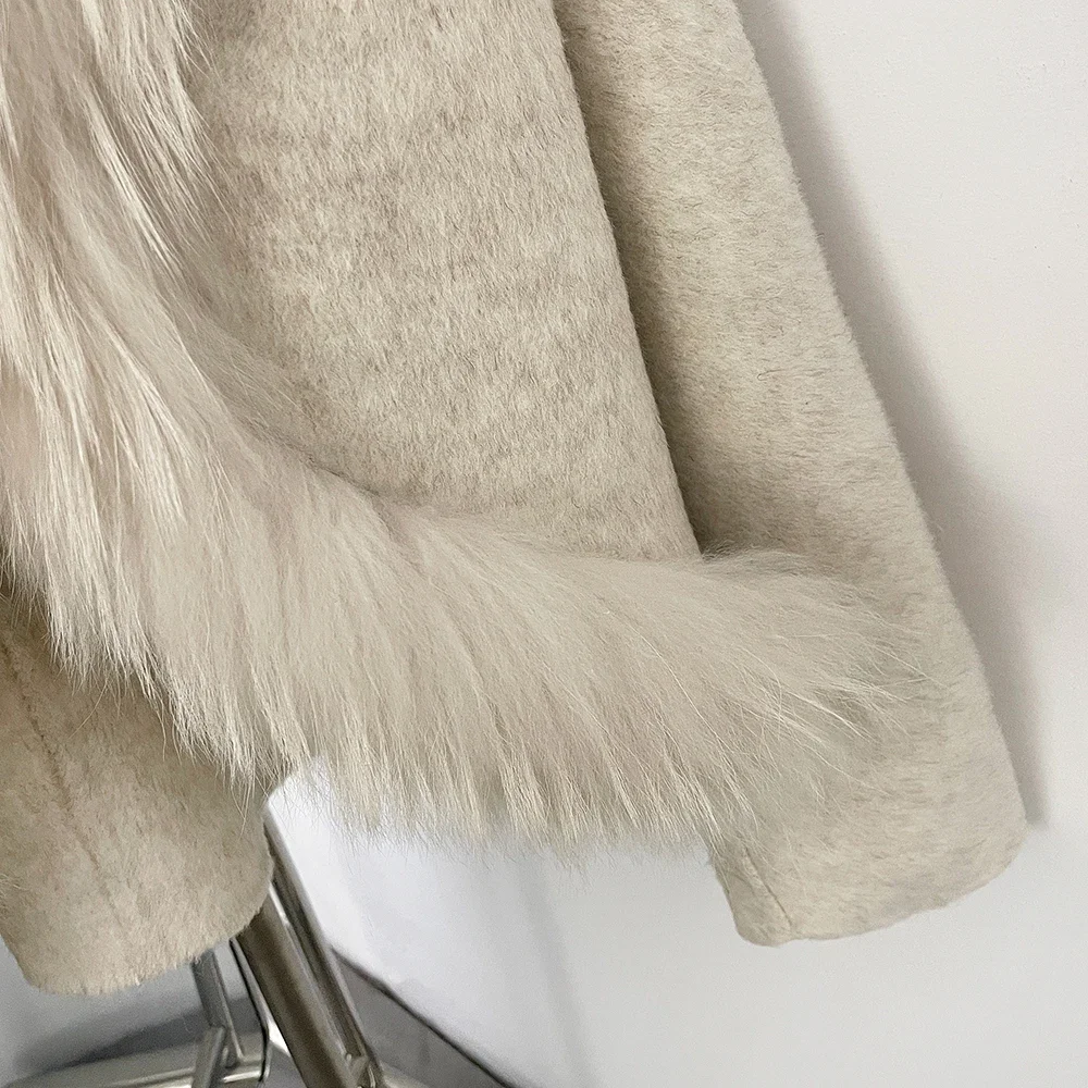OFTBUY Neue Luxuriöse Winterkleidung Damen Kurzer 100% Wollmantel mit Echtfuchspelzkragen Natürlicher Pelz Wolljacke für Damen – Detail 5