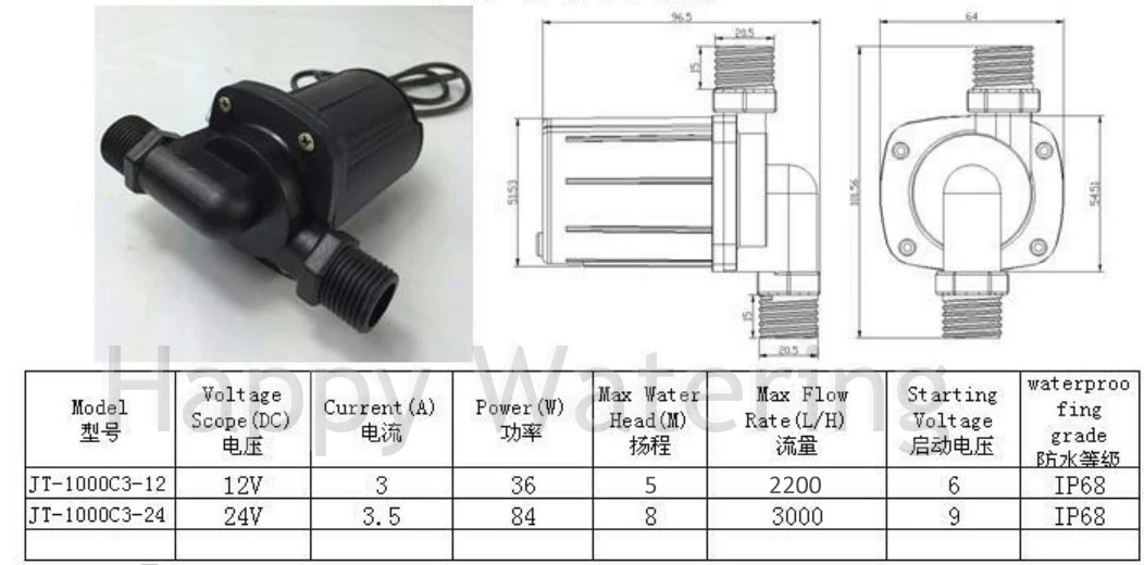 Brushless Pressure Water Pump 12V/24V 3 Phase Solar Pump Shower Booster Pump 3000L/H Flow Max Flow Adjustable