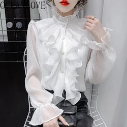 OCEANLOVE Stand Collar Ruffles Women Shirts&blouses Solid Autumn Winter Vintage Blusas Mujer Korean Fashion Elegant Camisas