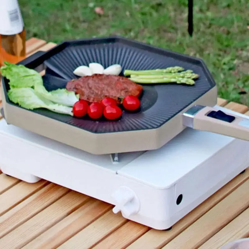 Camping Stove Grill Pan Detachable BBQ Griddle Grilling Cookware With Oil Drain Hole Design Includes Storage Bag For Camping