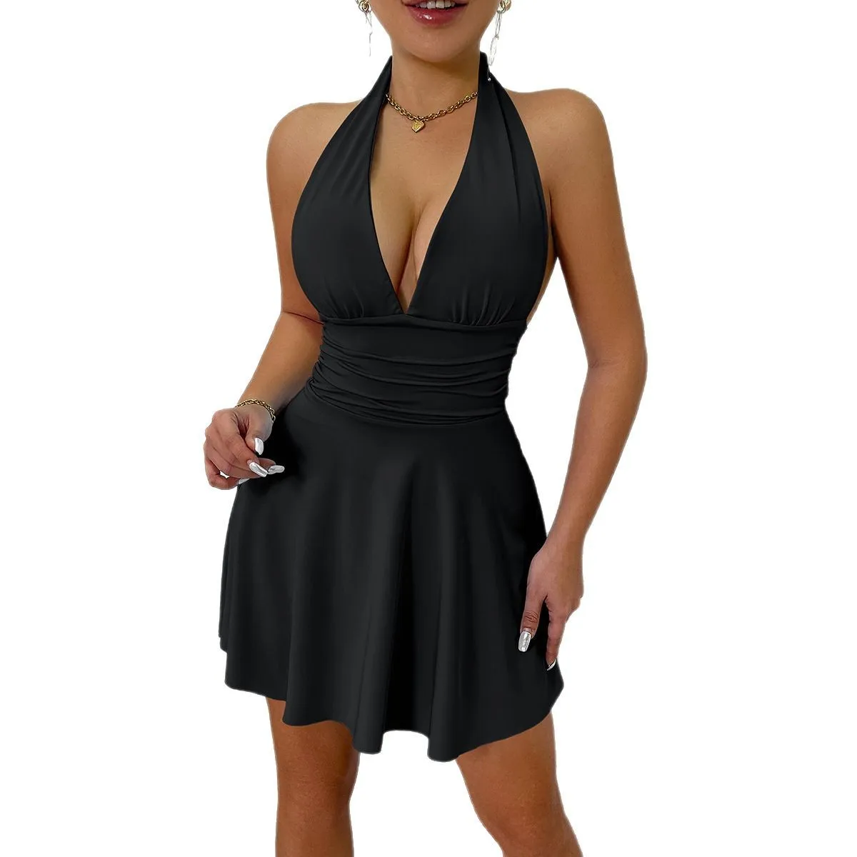 Sommer 2025, sexy tiefer V-Ne-Rock zum Aufhängen, Bal Ort, niedrige Brust, vielseitiger, schlankmachender Dr. Milchfaser-Regenschirmrock