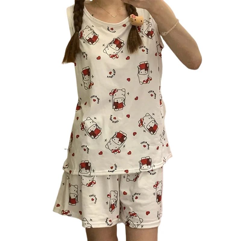 

Sanrio Kawaii Vest Hello Kitty Pajamas 2Pcs Girl Student Summer New Style Thin Fashion Hot Home Clothes Can Be Worn Outside