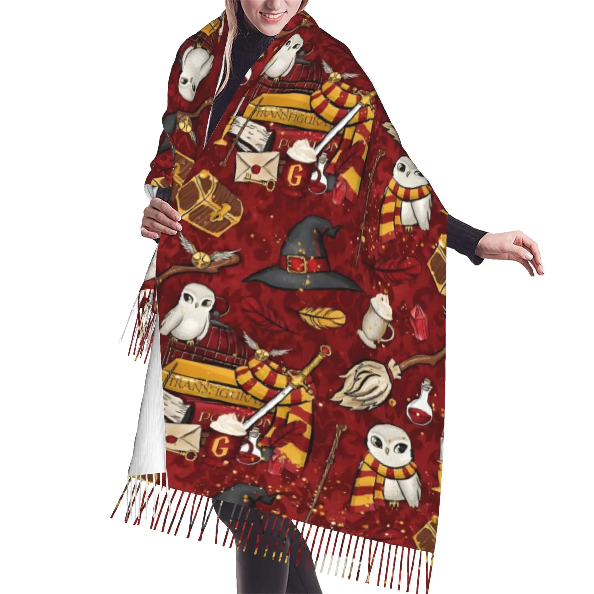 Custom Female Long Halloween H-Harryed Scarves Women Winter Fall Soft Warm Tassel Shawl Wraps Magic School Spooky Scarf