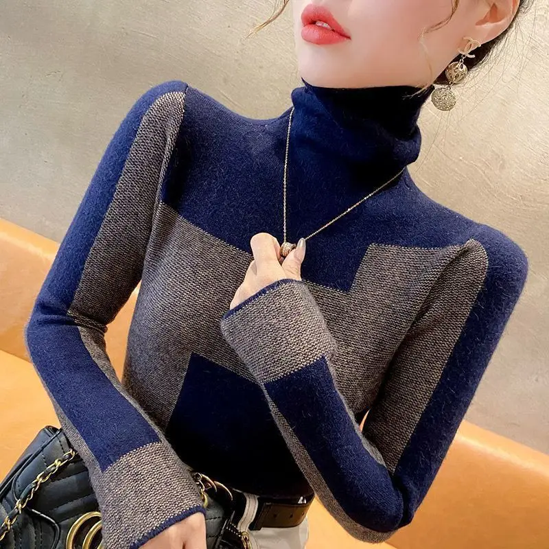 

Temperament Slim Contrast All-match Pullovers Top Women Clothing Autumn Winter New Long Sleeve Vintage Sweaters Fashion Elegant