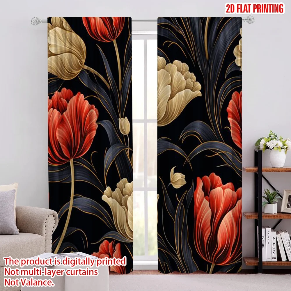 

2D flat printing 2pcs Curtain Window Drapes Flower Arrangement Digital Printed Polyester Drapes Festive Wall Decor for Holiday