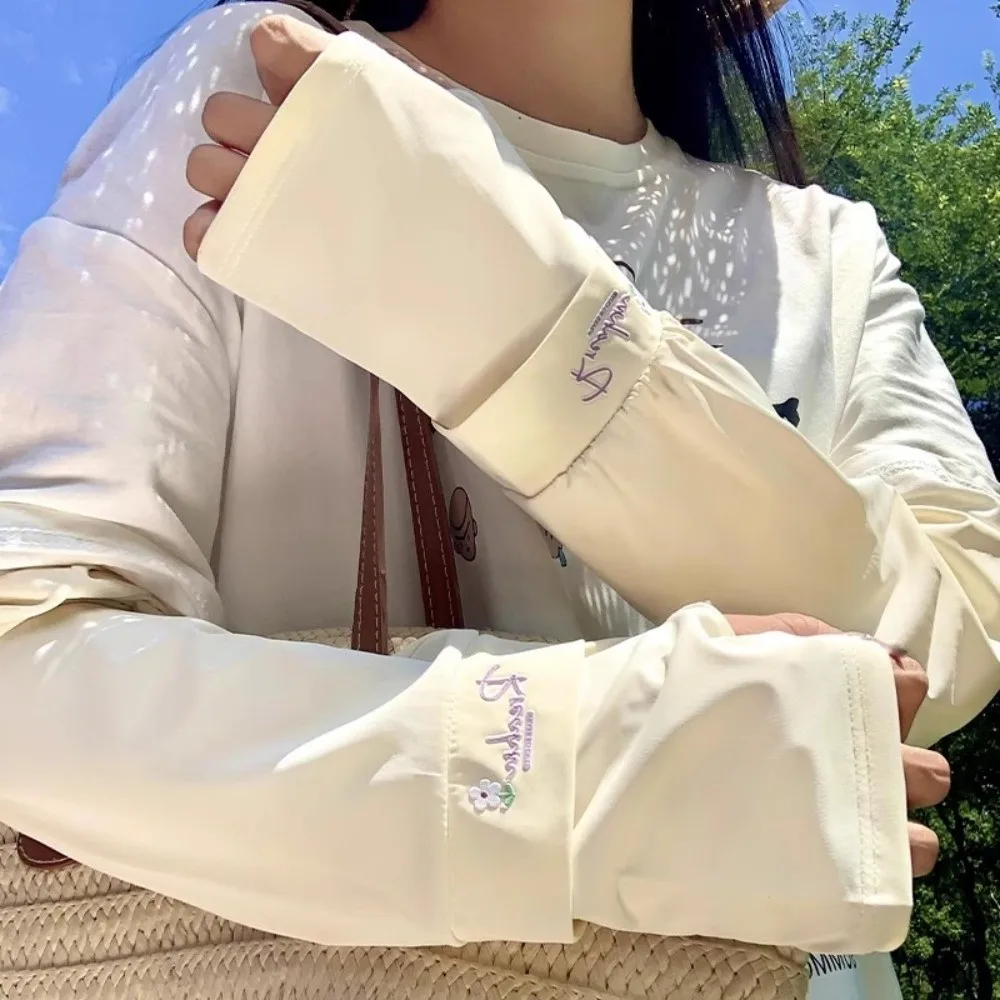 花刺繍入りロングアイスシルクスリーブ腕保護弾性日焼け止めアームカバー抗UV薄型サイクリンググローブ運転用