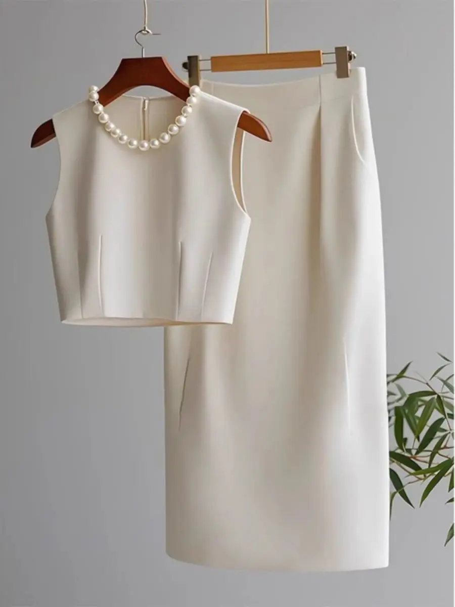 New Elegant Fashion 3D Beading Women's Two Piece Set Temperament O-neck Sleeveless Vest Crop Top + High Waist Bodycon Skirt Suit image 6