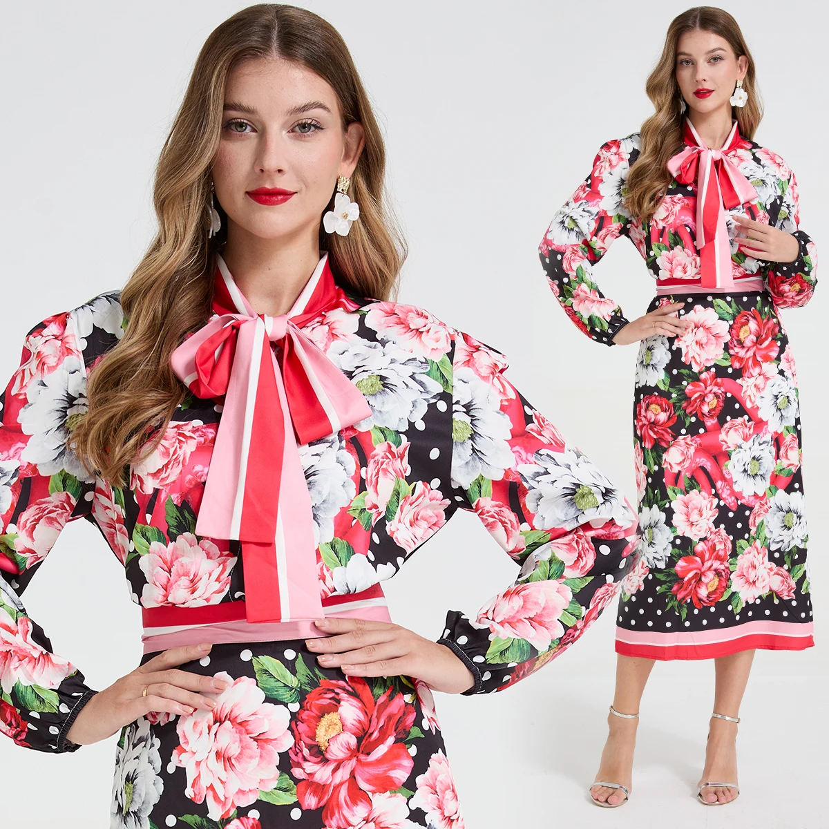 

Осеннее платье в стиле ретро, женский комплект из двух предметов, большой цветочный принт в горошек, украшение, галстук-бабочка, рубашка с длинными рукавами, топ + юбка с высокой талией